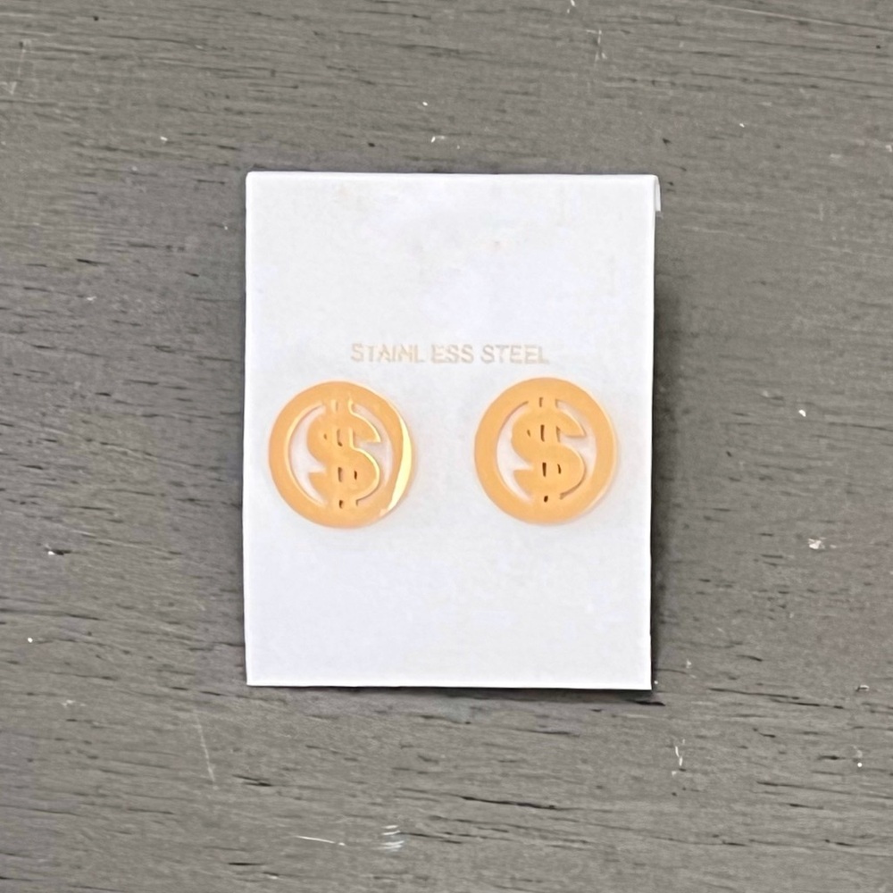 Dollar Sign Money Currency Humor Prosperity Gold Stainless Steel 1/2” Earrings